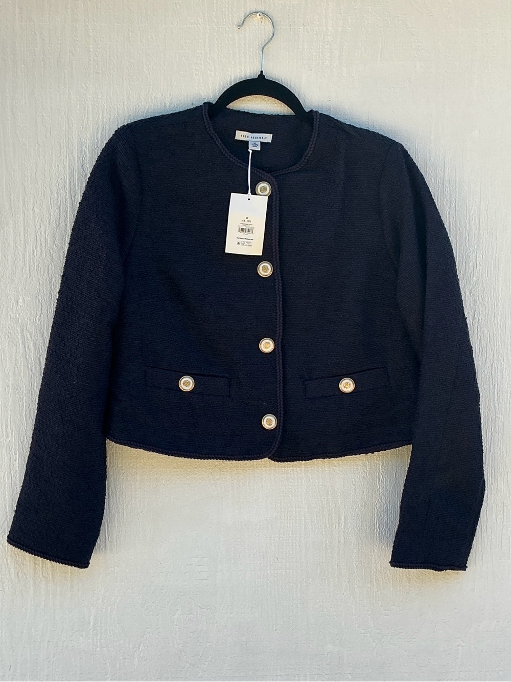 NWT Free Assembly Black Boucle Tweed Jacket M 8-10 Gold Button Cropped Blazer